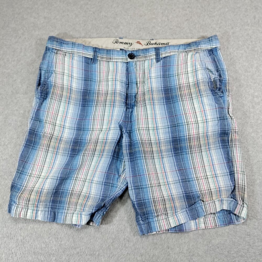 Tommy Bahama Shorts Mens 36 Blue Plaid Linen Tencel Blend 9in Inseam Resortwear